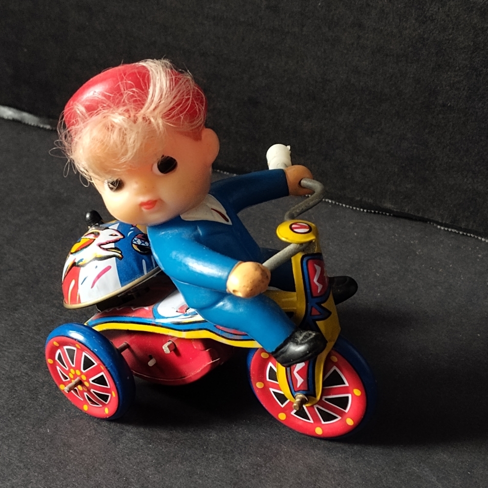 Vintage 1960's Wind Up Toy Boy On Tricycle